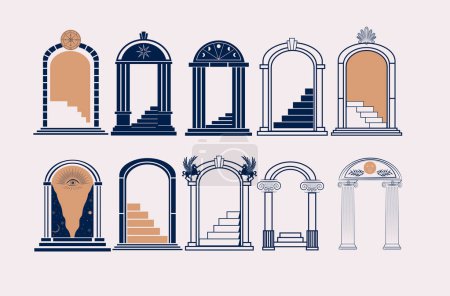 Illustration for Collection of Greek ancient arch. Minimal line art and hand drawn illustrations. Editable vector illustration - Royalty Free Image