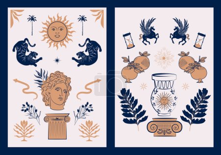 Illustration for Collection of Greek ancient posters with mythology and mystical elements. Editable print art. - Royalty Free Image