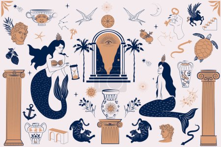 Illustration for Greek ancient posters with mythology and mystical elements. Mermaids, arch, greek sculpture, ceramic vase, mystical elements. Editable print art. - Royalty Free Image