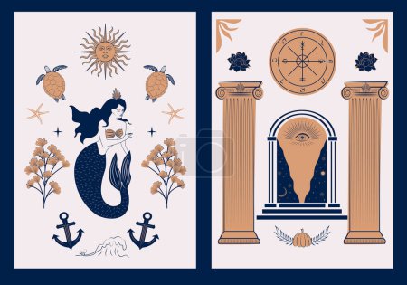 Illustration for Collection of Greek ancient posters with mythology and mystical elements. Editable print art. - Royalty Free Image