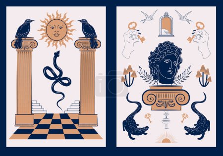 Ilustración de Colección de carteles antiguos griegos con elementos mitológicos y místicos. Arte de impresión editable. - Imagen libre de derechos