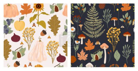 Illustration for Collection of autumn seamless pattern. Fall leaves, harvest, wild flowers, mushrooms, plants. Editable vector illustration - Royalty Free Image