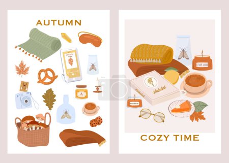Illustration for Autumn posters collection of cozy elements, fall plants, autumn leaves. Cozy time cards. Editable vector illustration. - Royalty Free Image