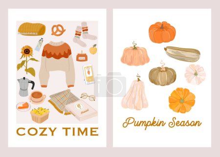Illustration for Autumn posters collection of cozy elements, fall plants, autumn leaves. Cozy time cards. Editable vector illustration. - Royalty Free Image