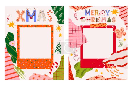 Ilustración de Colección de saludo de Navidad collage de fotos. Tarjeta de felicitación de vacaciones. Ilustración vectorial editable. - Imagen libre de derechos