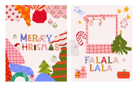 Illustration for Collection of greeting Christmas card and photo collage. Holidays greeting card. Editable vector illustration. - Royalty Free Image