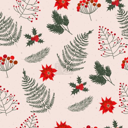 Illustration for Collection of vintage Christmas seamless pattern with winter plants, flowers, branch. Editable vector illustration. - Royalty Free Image