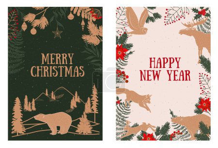 Illustration for Collection of vintage Holidays greeting cards. Christmas greeting cards, Happy Holidays cards. Editable vector illustration. - Royalty Free Image