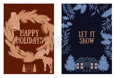 Illustration for Collection of vintage Holidays greeting cards. Christmas greeting cards, Happy Holidays cards. Editable vector illustration. - Royalty Free Image