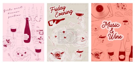 Illustration for Collection of Retro posters. Friday evening dinner posters.  Food Poster template. Interior posters set. Inspiration posters. Editable vector illustration. - Royalty Free Image