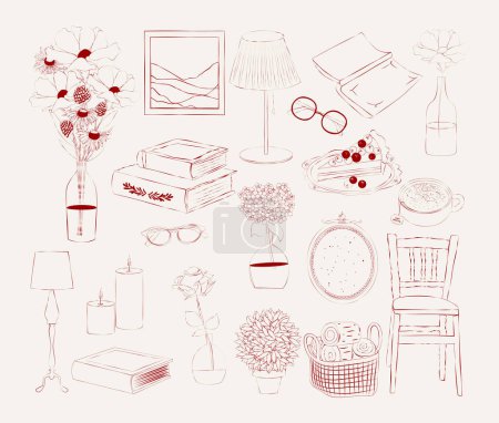 Collection of cozy home elements. The homebody club. Home decor elements in sketch style. Editable vector illustration. 