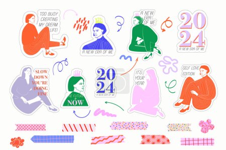 Illustration for Collection of stickers with woman and inspiration quotes, washi tape and doodles. Editable vector illustration - Royalty Free Image