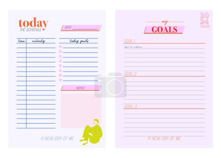 Illustration for Collection of planners templates. Blank vertical notepad page. Business Organizer. Calendar daily, weekly, monthly, yearly, habit tracker, project, notes, goals. Editable vector illustration - Royalty Free Image