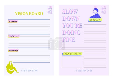 Illustration for Collection of planners templates. Blank vertical notepad page. Business Organizer. Calendar daily, weekly, monthly, yearly, habit tracker, project, notes, goals. Editable vector illustration - Royalty Free Image