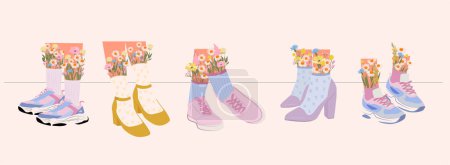 Illustration for Set of women's pairs of feet in sneakers and shoes with flowers. Cool colorful sports shoes. Stylish shoes with heels. High socks and flowers. Editable vector illustration - Royalty Free Image