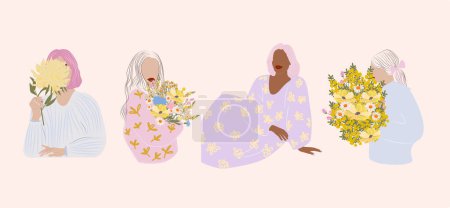Illustration for Collection of Spring Women abstract portrait with flowers. International Women's Day. Editable vector illustration. - Royalty Free Image