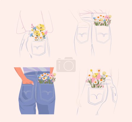 Illustration for Collection of sketch blue jeans with flowers in pocket. Spring illustration. Editable vector illustration. - Royalty Free Image