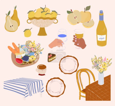 Illustration for Collection of cozy elements for pictic. Food and drink. Retro picnic illustration. Editable vector illustration. - Royalty Free Image