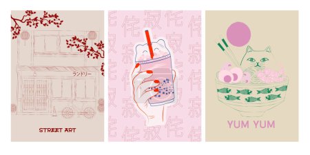 Ilustración asiática estética con comida callejera, ramen, té de burbujas, gato afortunado en el ramen, calle asiática. Arte de la pared interior, cartel. Ilustración vectorial editable.