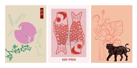 Illustration for Aesthetic asian poster. Interior wall art. Japan elements, koi fish, lily flower and tiger, stroks flying at sunrise. Editable vector illustration - Royalty Free Image