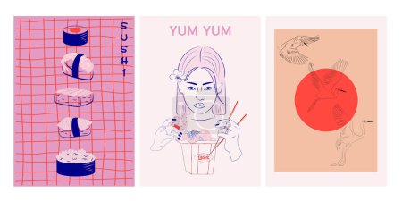 Illustration for Aesthetic asian illustration street food, wok, sushi, stroks flying at sunrise. Editable vector illustration. - Royalty Free Image
