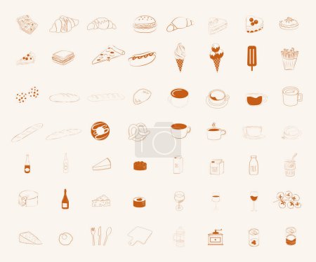 Illustration for Collection of food and drinks icons. Minimalistic linear icon. Pastries and coffee icon. Fastfood and street food. Editable vector illustration. - Royalty Free Image