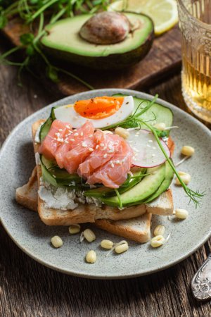 toasts with cream cheese, salmon, egg, avocado, cucumber in a plate