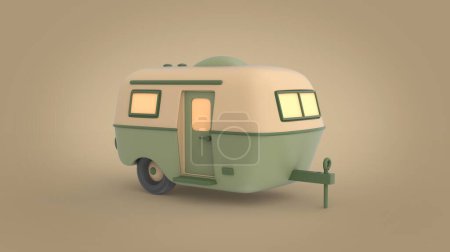 Photo for Green and creamy white cartoon style trailer for car camper van isolated on brown background top right side perspective camera view 3d model illustration - Royalty Free Image