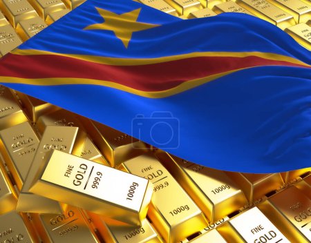 Democratic Republic of the Congo national country flag on Golden ingots bars pyramid plate national foreign-exchange reserve banking economy system 3d rendering image concept