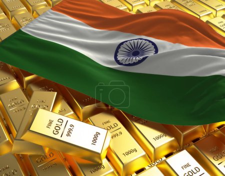 Téléchargez les photos : India national country flag on Golden ingots bars pyramid plate national foreign-exchange reserve banking economy system 3d rendering image concept - en image libre de droit