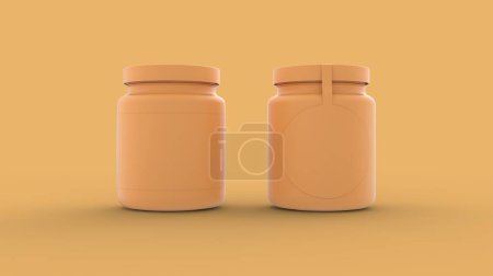 Téléchargez les photos : Two yellow solid plastic medicine bottle for vitamin, tablet or drugs pharmaceutical jar mock up design 3d rendering image front view - en image libre de droit
