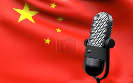 China national flag with microphone composition of voice of truth debate information radio broadcast translation radio podcast freedom of speech concept 3d rendering image