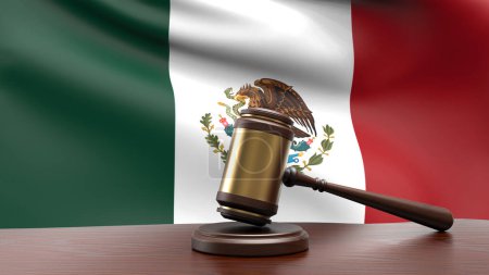 Bandera nacional del país de México con martillo de mazo de juez en el escritorio de la corte concepto de derecho constitucional y justicia basado en mesa de madera 3d representación de imagen