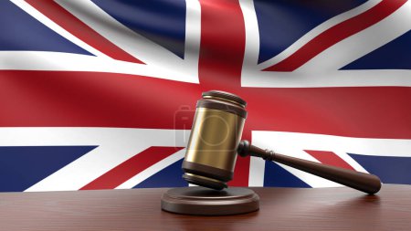 Bandera nacional del país del Reino Unido con martillo juez martillo en el escritorio de la corte concepto de derecho constitucional y justicia basado en mesa de madera 3d representación de imagen