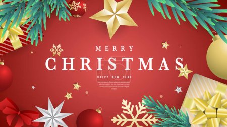 Illustration for Merry Christmas  and Happy New Year on red background with gift  pin leaf  and element in Christmas holiday , Flat Modern design , illustration Vector EPS 10 - Royalty Free Image