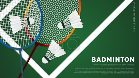 Illustration for Badminton racket with white badminton shuttlecock on white line on green background badminton court indoor badminton sports wallpaper with copy space  ,  illustration Vector EPS 10 - Royalty Free Image