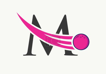 Téléchargez les illustrations : Lettre M Logo Bowling. Symbole de boule de bowling avec modèle vectoriel de boule mobile - en licence libre de droit