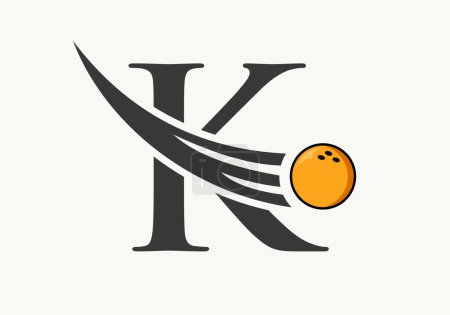 Téléchargez les illustrations : Logo K Bowling. Symbole de boule de bowling avec modèle vectoriel de boule mobile - en licence libre de droit