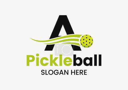 Illustration for Letter A Pickleball Logo Concept With Moving Pickleball Symbol. Pickle Ball Logotype Vector Template - Royalty Free Image