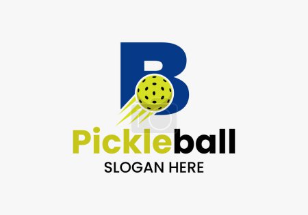 Buchstabe B Pickleball Logo-Konzept mit bewegtem Pickleball-Symbol. Pickle Ball Logotyp Vektorvorlage