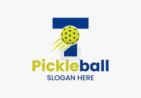 Illustration for Letter T Pickleball Logo Concept With Moving Pickleball Symbol. Pickle Ball Logotype Vector Template - Royalty Free Image