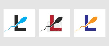 Illustration for Letter L Sperm Cell Logo Template. Sperm Bank Medical Symbol - Royalty Free Image