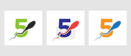 Illustration for Letter 5 Sperm Cell Logo Template. Sperm Bank Medical Symbol - Royalty Free Image