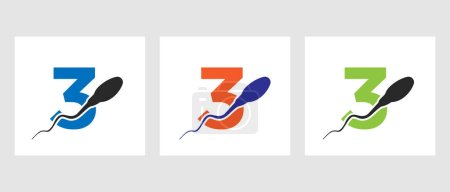 Illustration for Letter 3 Sperm Cell Logo Template. Sperm Bank Medical Symbol - Royalty Free Image