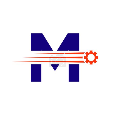 Téléchargez les illustrations : Lettre initiale M Gear Cogwheel Logo. Icône industrielle automobile, Logo de vitesse, Symbole de réparation automobile - en licence libre de droit
