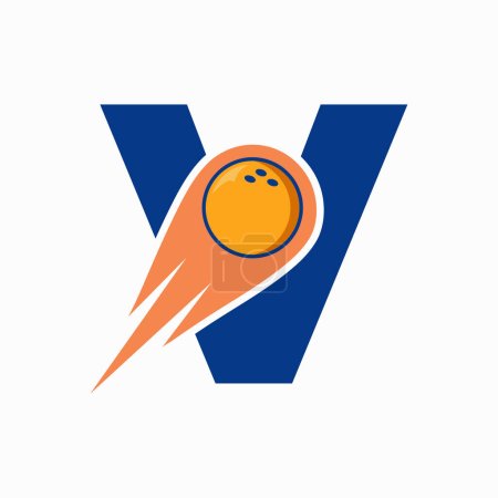 Téléchargez les illustrations : Lettre V Logo Bowling. Symbole de boule de bowling avec icône de boule mobile rouge - en licence libre de droit
