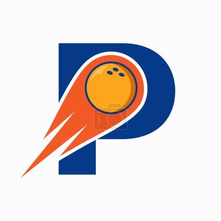 Téléchargez les illustrations : Lettre P Logo Bowling. Symbole de boule de bowling avec icône de boule mobile rouge - en licence libre de droit