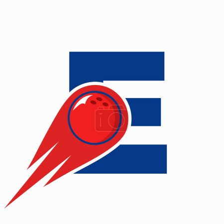 Téléchargez les illustrations : Logo de bowling de la lettre E. Symbole de boule de bowling avec icône de boule mobile rouge - en licence libre de droit