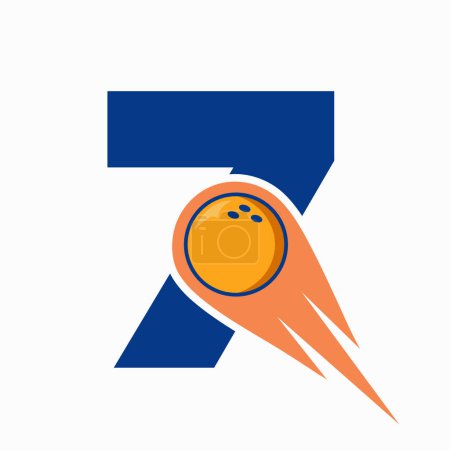 Téléchargez les illustrations : Lettre 7 Logo de bowling. Symbole de boule de bowling avec icône de boule mobile rouge - en licence libre de droit