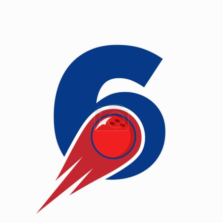 Téléchargez les illustrations : Lettre 6 Logo Bowling. Symbole de boule de bowling avec icône de boule mobile rouge - en licence libre de droit